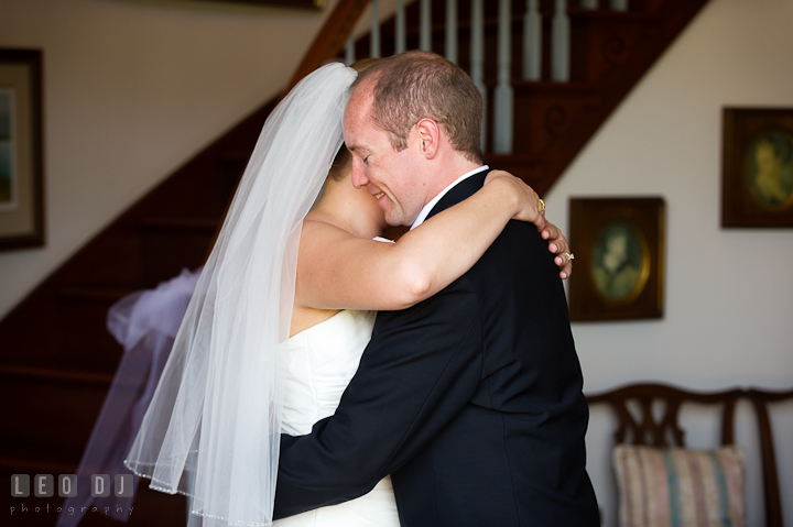 Bride and Groom hugging during first glance. Getting ready and ceremony wedding photos at private estate at Preston, Easton, Eastern Shore, Maryland by photographers of Leo Dj Photography. http://leodjphoto.com