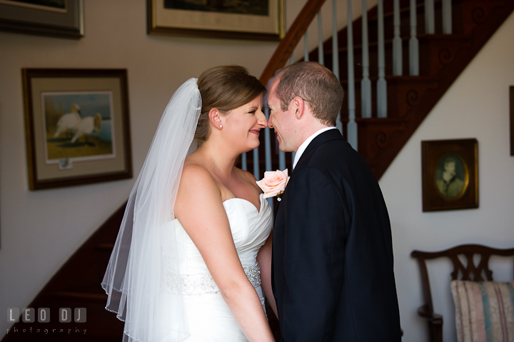 Bride and Groom touching their noses during first glance. Getting ready and ceremony wedding photos at private estate at Preston, Easton, Eastern Shore, Maryland by photographers of Leo Dj Photography. http://leodjphoto.com