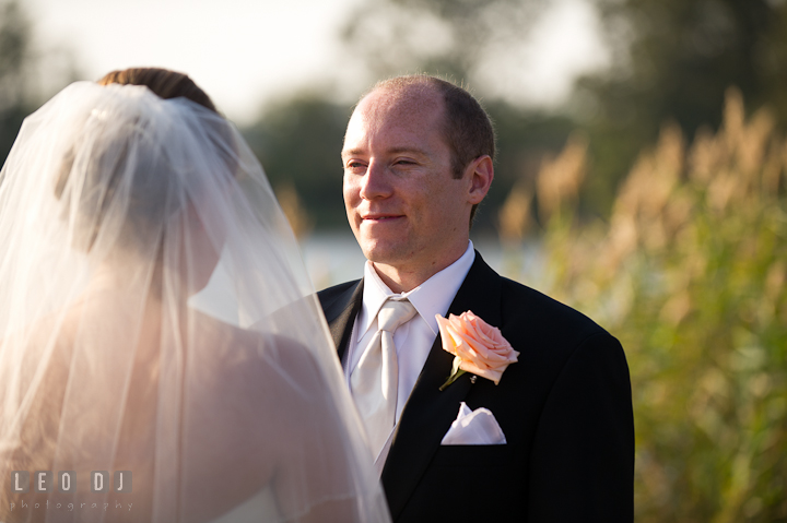 Groom seeing his Bride with lots of love. Getting ready and ceremony wedding photos at private estate at Preston, Easton, Eastern Shore, Maryland by photographers of Leo Dj Photography. http://leodjphoto.com