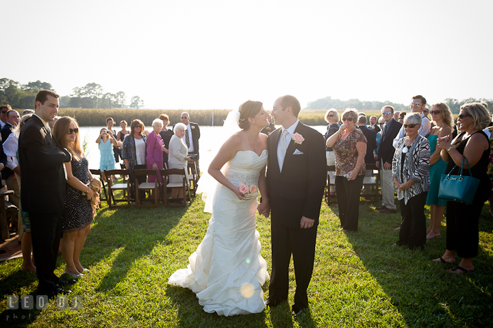 Bride and Groom almost kissed while walking out. Getting ready and ceremony wedding photos at private estate at Preston, Easton, Eastern Shore, Maryland by photographers of Leo Dj Photography. http://leodjphoto.com