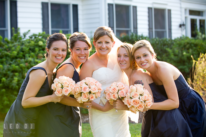 Bride, Maid and Matron of Honor, and Bridesmaids showing their flower bouquet. Reception party wedding photos at private estate at Preston, Easton, Eastern Shore, Maryland by photographers of Leo Dj Photography. http://leodjphoto.com