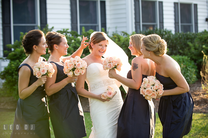 Bride, Maid and Matron of Honor, and Bridesmaids laughing. Reception party wedding photos at private estate at Preston, Easton, Eastern Shore, Maryland by photographers of Leo Dj Photography. http://leodjphoto.com