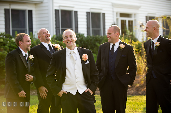 Groom, Best Men, and Groomsmen laughing. Reception party wedding photos at private estate at Preston, Easton, Eastern Shore, Maryland by photographers of Leo Dj Photography. http://leodjphoto.com