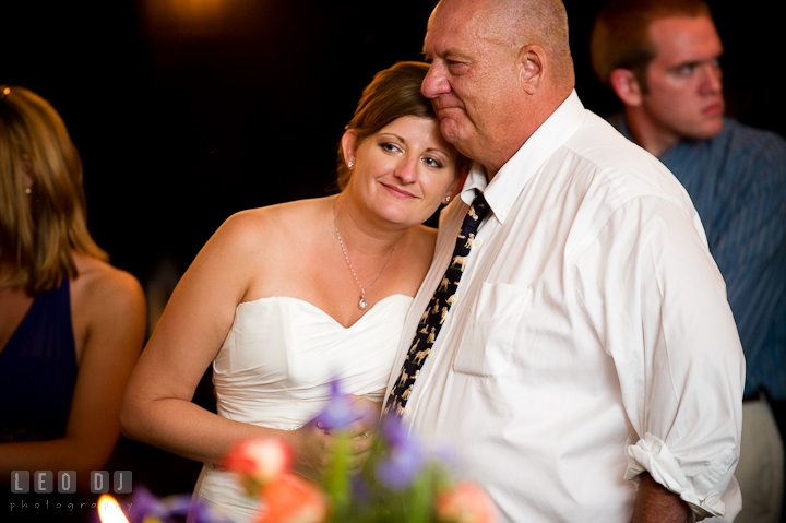 Bride cuddling with her Dad. Reception party wedding photos at private estate at Preston, Easton, Eastern Shore, Maryland by photographers of Leo Dj Photography. http://leodjphoto.com