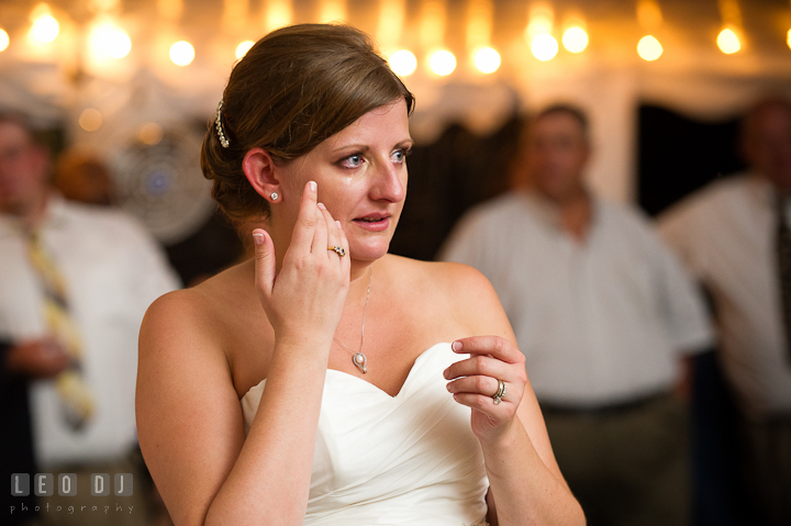 Bride crying listening to Mother's speech. Reception party wedding photos at private estate at Preston, Easton, Eastern Shore, Maryland by photographers of Leo Dj Photography. http://leodjphoto.com