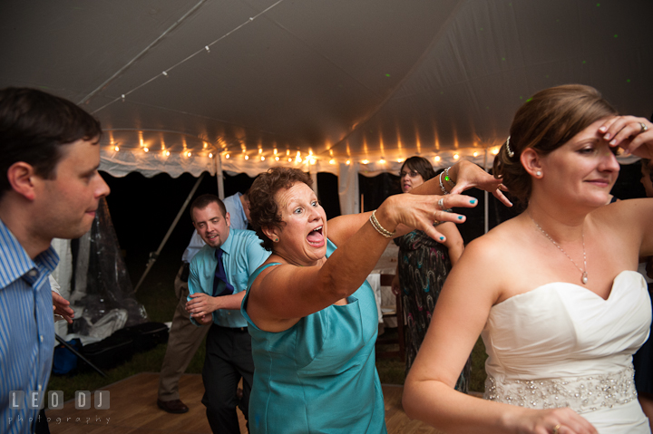 Mother of Groom teasing Bride being a zombie during the song Thriller from Michael Jackson. Reception party wedding photos at private estate at Preston, Easton, Eastern Shore, Maryland by photographers of Leo Dj Photography. http://leodjphoto.com