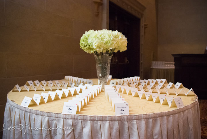 Table assignment cards. Baltimore Maryland Tremont Plaza Hotel Grand Historic Venue wedding ceremony and reception photos, by photographers of Leo Dj Photography.