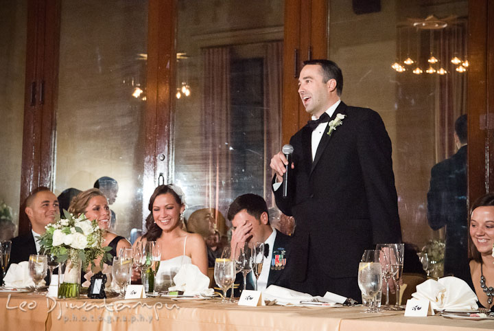 Speech by the Best Man. Baltimore Maryland Tremont Plaza Hotel Grand Historic Venue wedding ceremony and reception photos, by photographers of Leo Dj Photography.