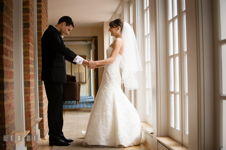 Groom seeing Bride for the first time in her wedding gown during first look. Aspen Wye River Conference Centers wedding at Queenstown Maryland, by wedding photographers of Leo Dj Photography. http://leodjphoto.com