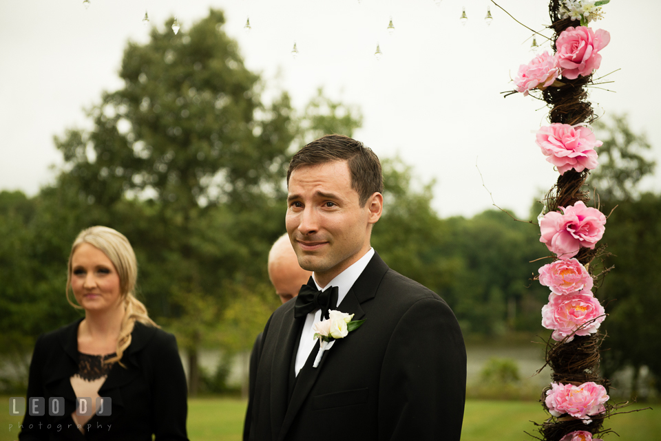 Groom crying seeing Bride walked down the aisle. Aspen Wye River Conference Centers wedding at Queenstown Maryland, by wedding photographers of Leo Dj Photography. http://leodjphoto.com