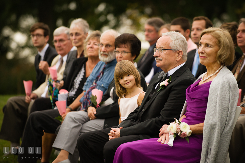 Cute little flower girl among the wedding guests. Aspen Wye River Conference Centers wedding at Queenstown Maryland, by wedding photographers of Leo Dj Photography. http://leodjphoto.com