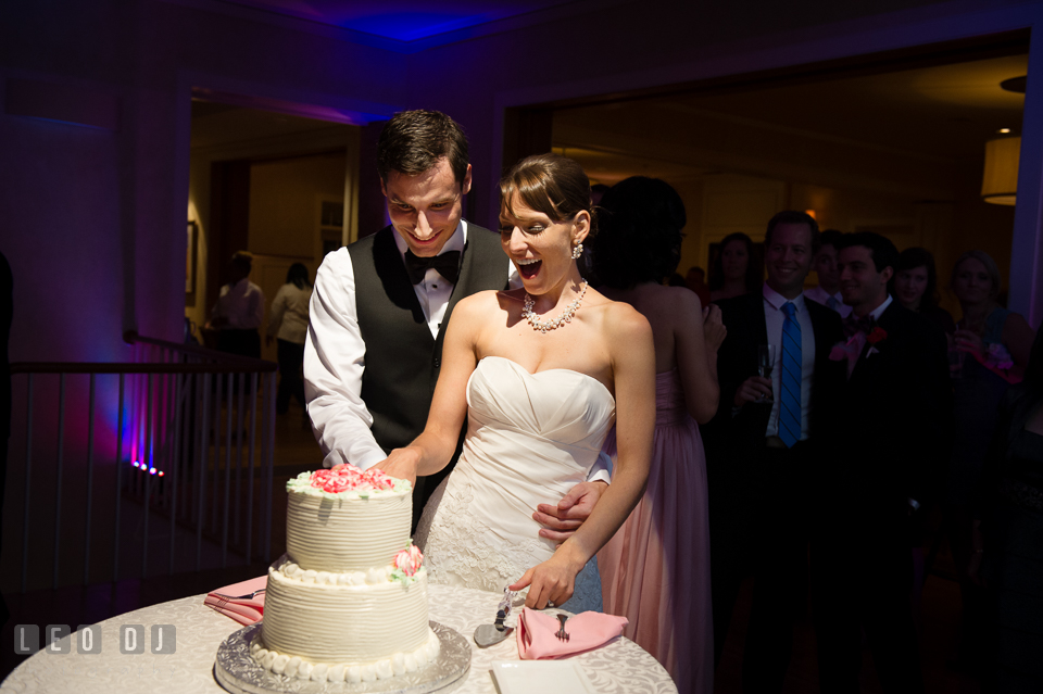 Bride and Groom laughing during cake cutting. Aspen Wye River Conference Centers wedding at Queenstown Maryland, by wedding photographers of Leo Dj Photography. http://leodjphoto.com