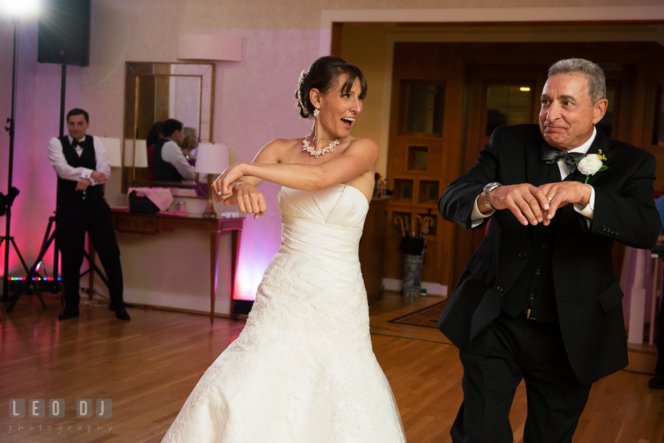 Bride fun dancing with her father during father daughter dance. Aspen Wye River Conference Centers wedding at Queenstown Maryland, by wedding photographers of Leo Dj Photography. http://leodjphoto.com