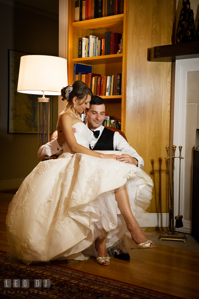 Bride and Groom during romantic session in the library. Aspen Wye River Conference Centers wedding at Queenstown Maryland, by wedding photographers of Leo Dj Photography. http://leodjphoto.com