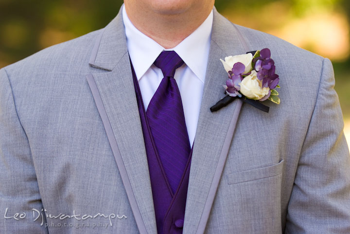 Groom's tie, jacket, and boutonniere. Mariott Aspen Wye River Conference Center Wedding photos at Queenstown Eastern Shore Maryland, by photographers of Leo Dj Photography.