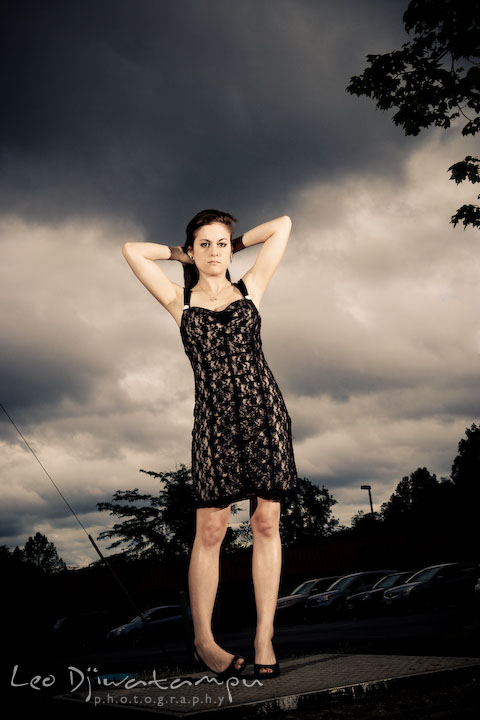 Girl model posing outdoor under storm clouds. Lighting Essentials Workshops - Baltimore with Don Giannatti