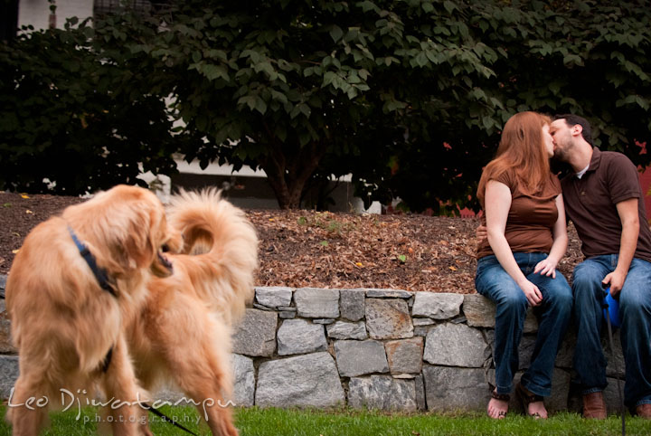 Pet dog looking at the engaged couple kissing. Dupont Circle Washington DC pre-wedding engagement session by Leo Dj Photography