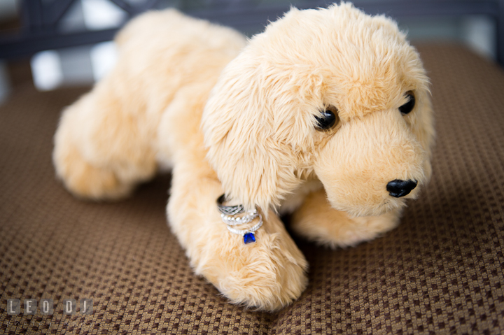 Stuffed toy dog with wedding bands and engagement ring. Harbourtowne Golf Resort wedding photos at St. Michaels, Eastern Shore, Maryland by photographers of Leo Dj Photography.