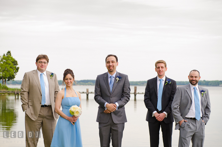 Groom with Maid of Honor, Best Man and Groomsmen. Harbourtowne Golf Resort wedding photos at St. Michaels, Eastern Shore, Maryland by photographers of Leo Dj Photography.
