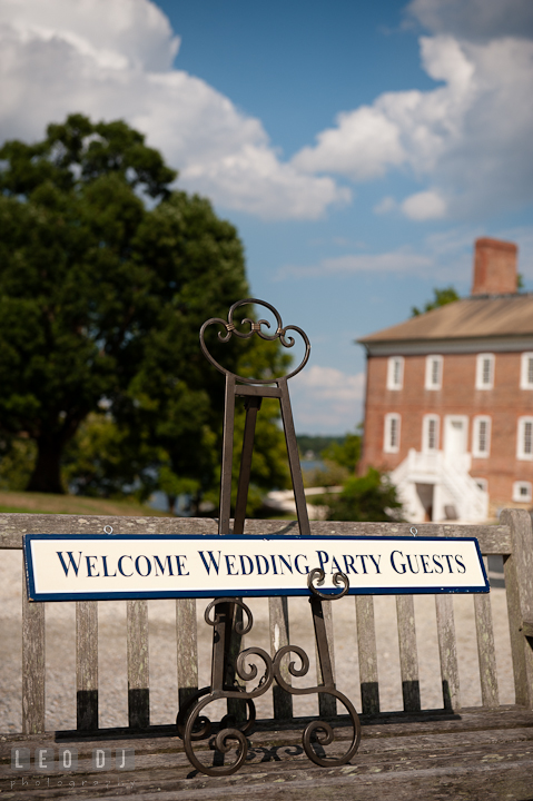 Welcome sign for wedding party guests. Historic London Town and Gardens wedding photos at Edgewater Annapolis, Maryland by photographers of Leo Dj Photography. http://leodjphoto.com