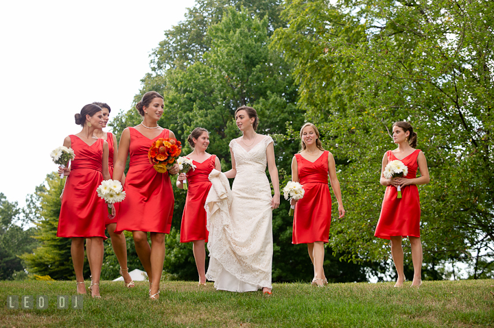 Bride, Matron of Honor and Bridesmaids walking together. Historic London Town and Gardens wedding photos at Edgewater Annapolis, Maryland by photographers of Leo Dj Photography. http://leodjphoto.com