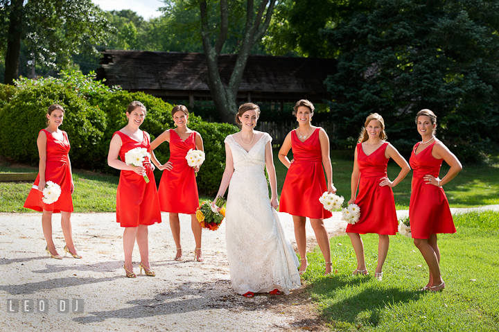 Bride and her Bridal party posing. Historic London Town and Gardens wedding photos at Edgewater Annapolis, Maryland by photographers of Leo Dj Photography. http://leodjphoto.com