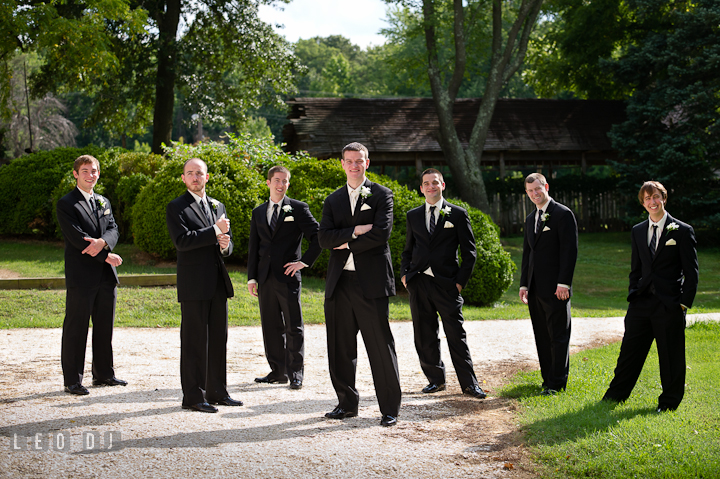 Groom, Best Man, and Groomsmen posing. Historic London Town and Gardens wedding photos at Edgewater Annapolis, Maryland by photographers of Leo Dj Photography. http://leodjphoto.com