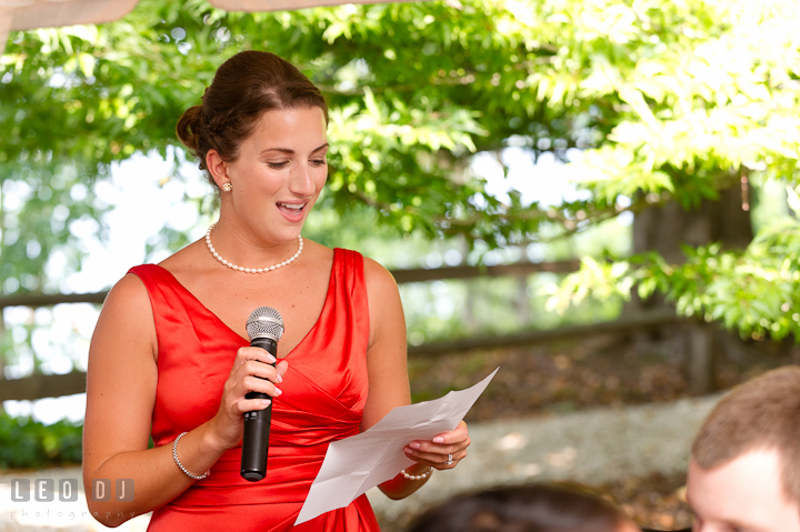 Matron of Honor delivering her speech. Historic London Town and Gardens wedding photos at Edgewater Annapolis, Maryland by photographers of Leo Dj Photography. http://leodjphoto.com