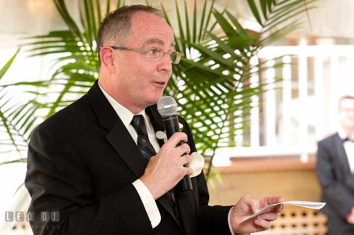 Father of the Bride delivering his touching and emotional speech. Historic London Town and Gardens wedding photos at Edgewater Annapolis, Maryland by photographers of Leo Dj Photography. http://leodjphoto.com