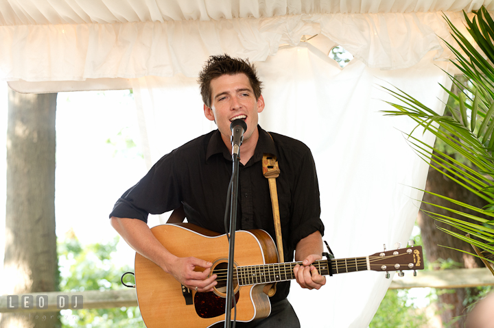 Friend guitarist dedicated new song to the newlywed couple. Historic London Town and Gardens wedding photos at Edgewater Annapolis, Maryland by photographers of Leo Dj Photography. http://leodjphoto.com