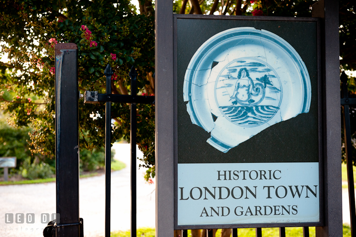 London Town sign post at the front gate. Historic London Town and Gardens wedding photos at Edgewater Annapolis, Maryland by photographers of Leo Dj Photography. http://leodjphoto.com