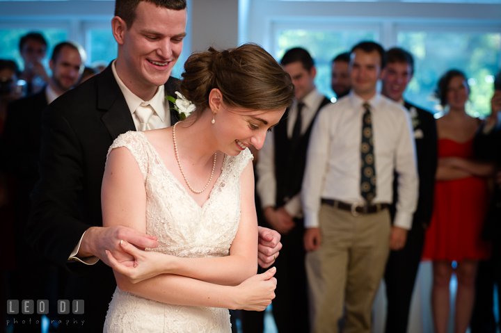 Bride and Groom smiling during first dance. Historic London Town and Gardens wedding photos at Edgewater Annapolis, Maryland by photographers of Leo Dj Photography. http://leodjphoto.com