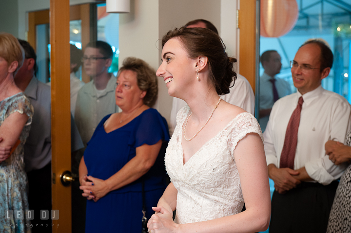 Bride smiling seeing her husband dancing with his Mother. Historic London Town and Gardens wedding photos at Edgewater Annapolis, Maryland by photographers of Leo Dj Photography. http://leodjphoto.com