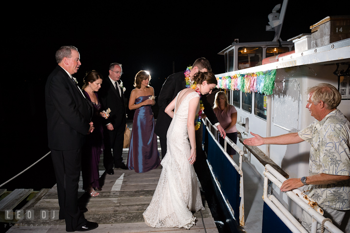 Bride and Groom boarding the boat. Historic London Town and Gardens wedding photos at Edgewater Annapolis, Maryland by photographers of Leo Dj Photography. http://leodjphoto.com