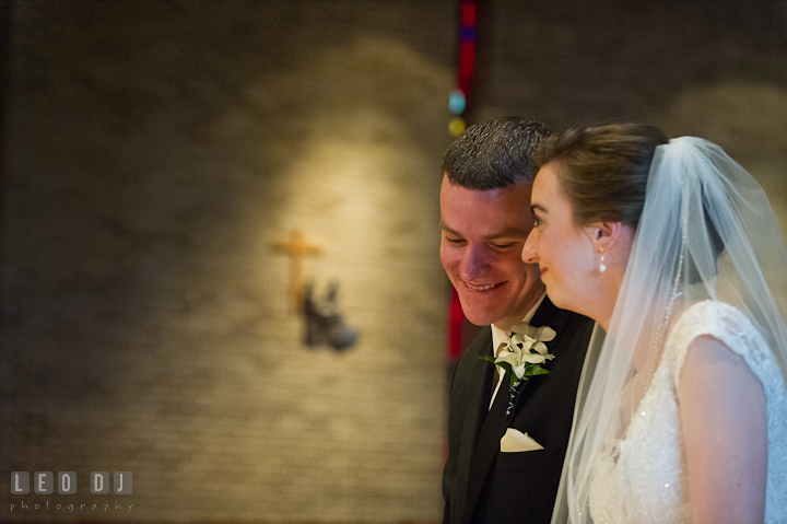 Bride and Groom smiling together. Saint John the Evangelist church wedding ceremony photos at Severna Park, Maryland by photographers of Leo Dj Photography. http://leodjphoto.com