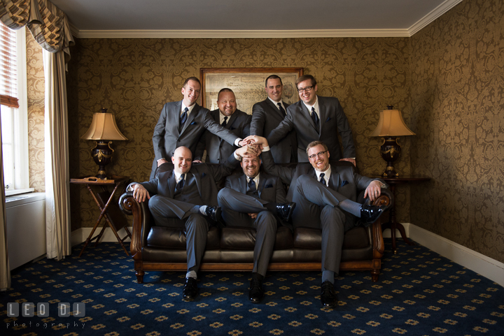 Group shot of Groom, Best Man, and Groomsmen inside hotel room. The Tidewater Inn wedding, Easton, Eastern Shore, Maryland, by wedding photographers of Leo Dj Photography. http://leodjphoto.com