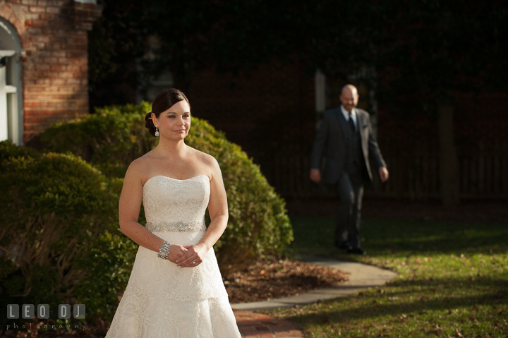 Groom walking toward Bride for first look. The Tidewater Inn wedding, Easton, Eastern Shore, Maryland, by wedding photographers of Leo Dj Photography. http://leodjphoto.com