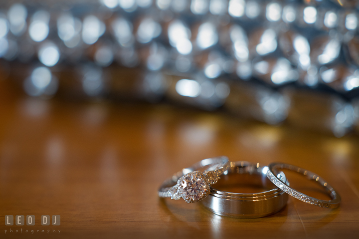 Close up shot of Bride's engagement and wedding ring, and Groom's wedding band. The Tidewater Inn wedding, Easton, Eastern Shore, Maryland, by wedding photographers of Leo Dj Photography. http://leodjphoto.com