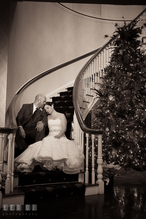 Groom kissed Bride's forehead on lobby's stairway by a Christmas tree. The Tidewater Inn wedding, Easton, Eastern Shore, Maryland, by wedding photographers of Leo Dj Photography. http://leodjphoto.com