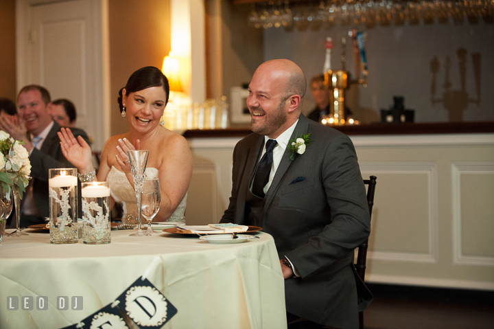 Bride and Groom laughing during toast speech. The Tidewater Inn wedding, Easton, Eastern Shore, Maryland, by wedding photographers of Leo Dj Photography. http://leodjphoto.com