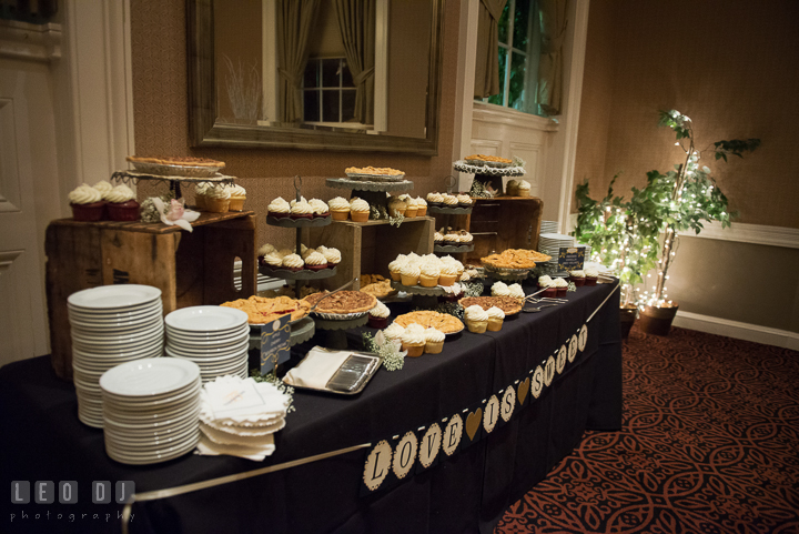 Desert table of cupcakes and pies from Mabel's Bakery. The Tidewater Inn wedding, Easton, Eastern Shore, Maryland, by wedding photographers of Leo Dj Photography. http://leodjphoto.com