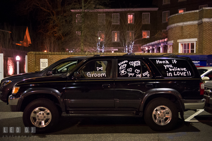 Bride and Groom's car with writings and drawings on their windows. The Tidewater Inn wedding, Easton, Eastern Shore, Maryland, by wedding photographers of Leo Dj Photography. http://leodjphoto.com