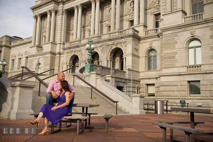 Engaged couple posing in front of a gorgeous old building by the Capitol Hill. Washington DC pre-wedding engagement photo session, by wedding photographers of Leo Dj Photography. http://leodjphoto.com