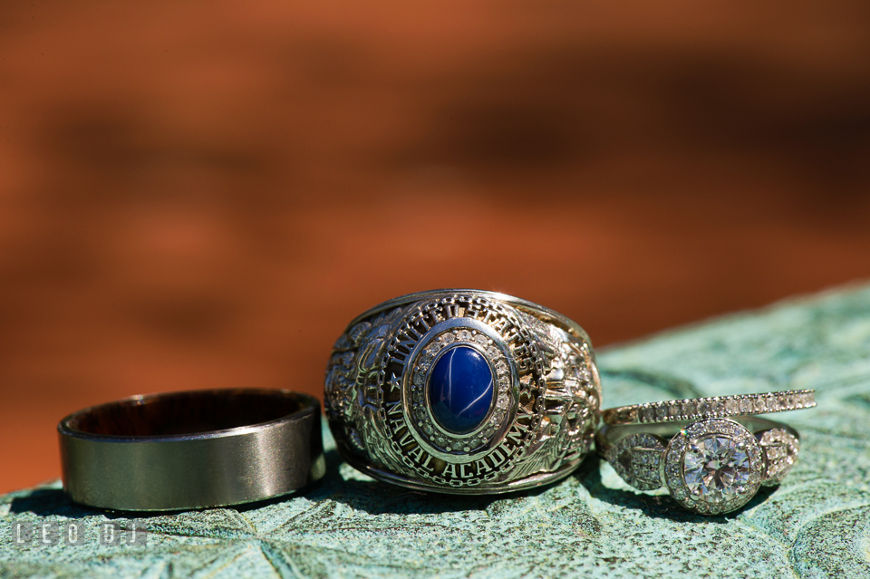 Naval Academy class ring along with the wedding bands and the engagement ring. USNA, US Naval Academy military wedding at Annapolis Maryland, by wedding photographers of Leo Dj Photography. http://leodjphoto.com