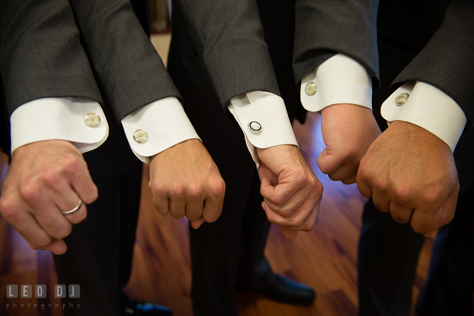 Groom, Best Man and Grooms Men showing off their sleeves with the an Original Penguin by Munsingwear cufflinks. Harbour View Events Woodbridge Virginia wedding ceremony and reception photo, by wedding photographers of Leo Dj Photography. http://leodjphoto.com