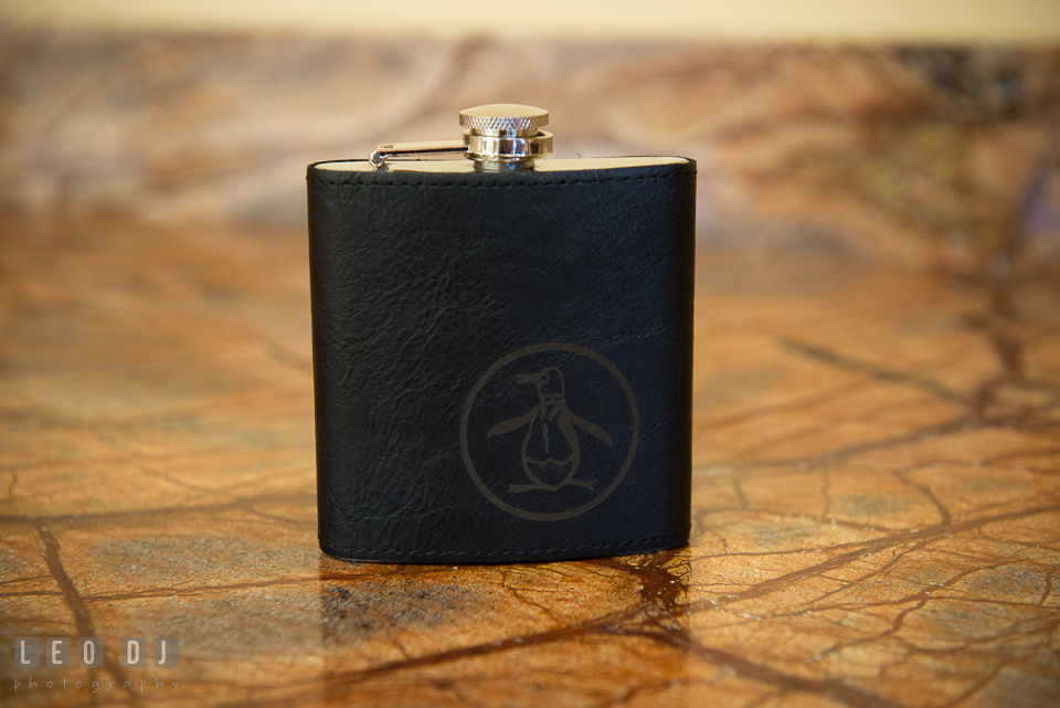 Groom's Original Penguin by Munsingwear flask bottle. Harbour View Events Woodbridge Virginia wedding ceremony and reception photo, by wedding photographers of Leo Dj Photography. http://leodjphoto.com