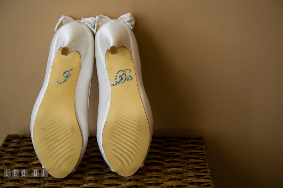 I Do sticker on bridal shoes. Harbour View Events Woodbridge Virginia wedding ceremony and reception photo, by wedding photographers of Leo Dj Photography. http://leodjphoto.com