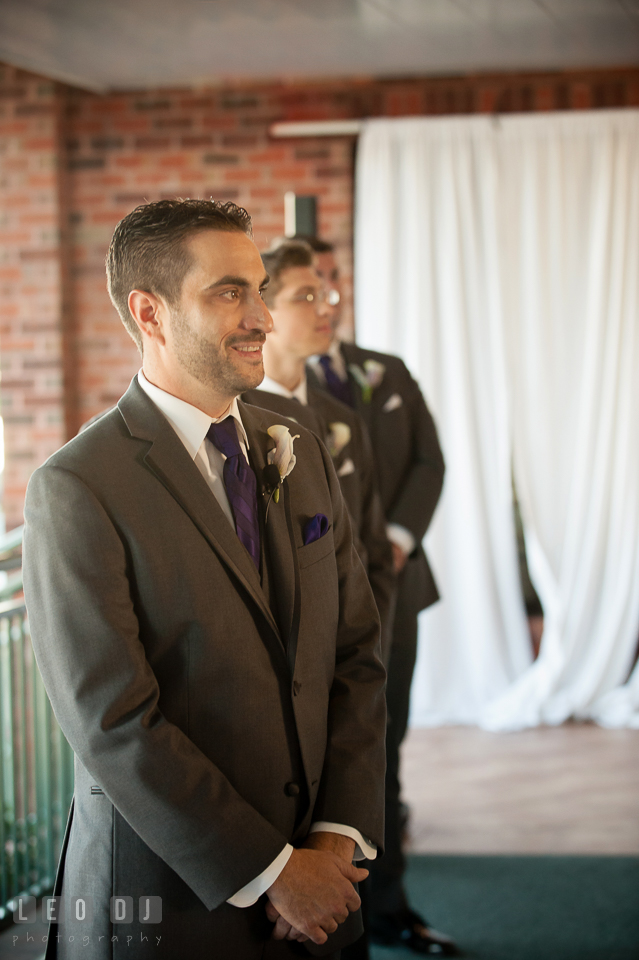 Groom's expression seeing Bride for the first time. Harbour View Events Woodbridge Virginia wedding ceremony and reception photo, by wedding photographers of Leo Dj Photography. http://leodjphoto.com