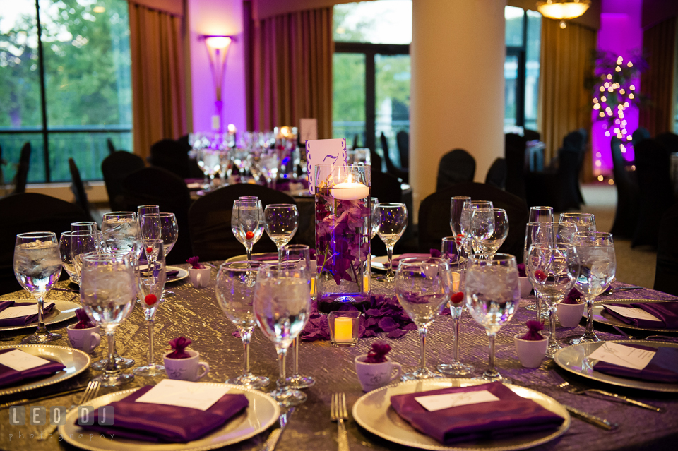 Lovely table setup with the centerpiece. Harbour View Events Woodbridge Virginia wedding ceremony and reception photo, by wedding photographers of Leo Dj Photography. http://leodjphoto.com