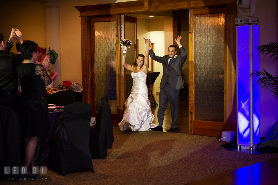 Bride and Groom entering the ballroom. Harbour View Events Woodbridge Virginia wedding ceremony and reception photo, by wedding photographers of Leo Dj Photography. http://leodjphoto.com